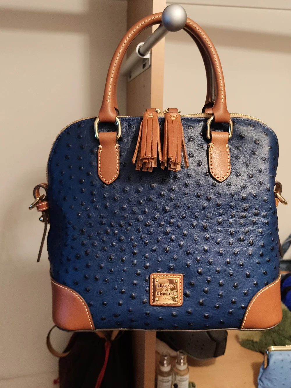 Dooney & Bourke Navy Ostrich-Embossed Satchel with Brown Trim